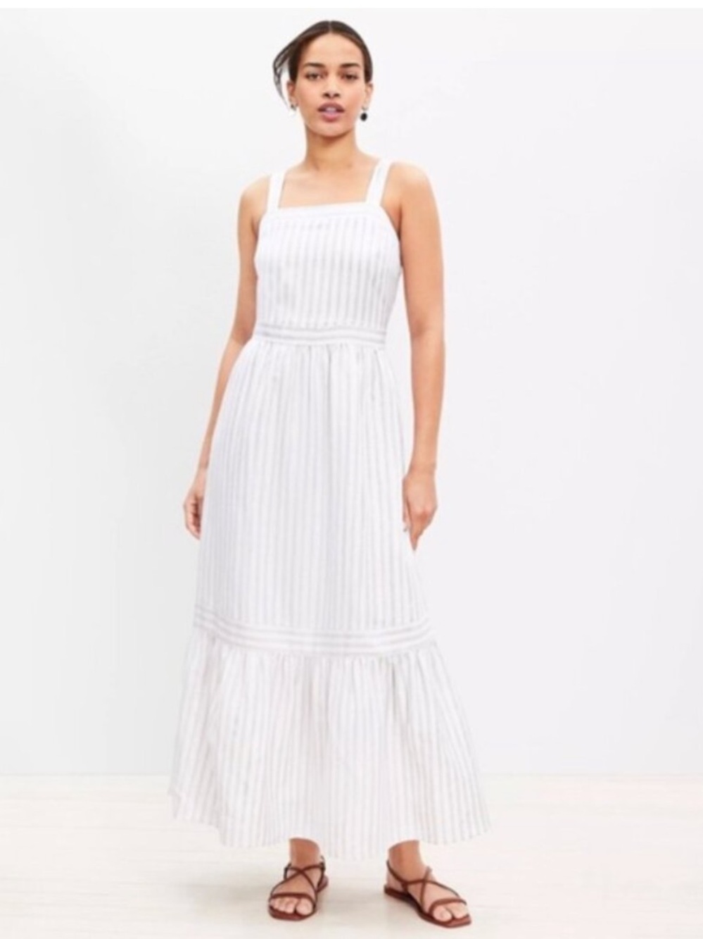 NWT LOFT Shimmer Striped White and Light Gray Maxi Linen Blend Dress - Picture 2 of 8